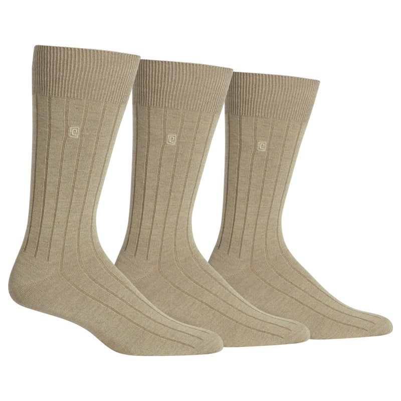 Chaps Mens Dress Crew - 3 Pair Pack Soft True Rib With Embroidery Casual Sock, Khaki, 6-12 US - Image 1
